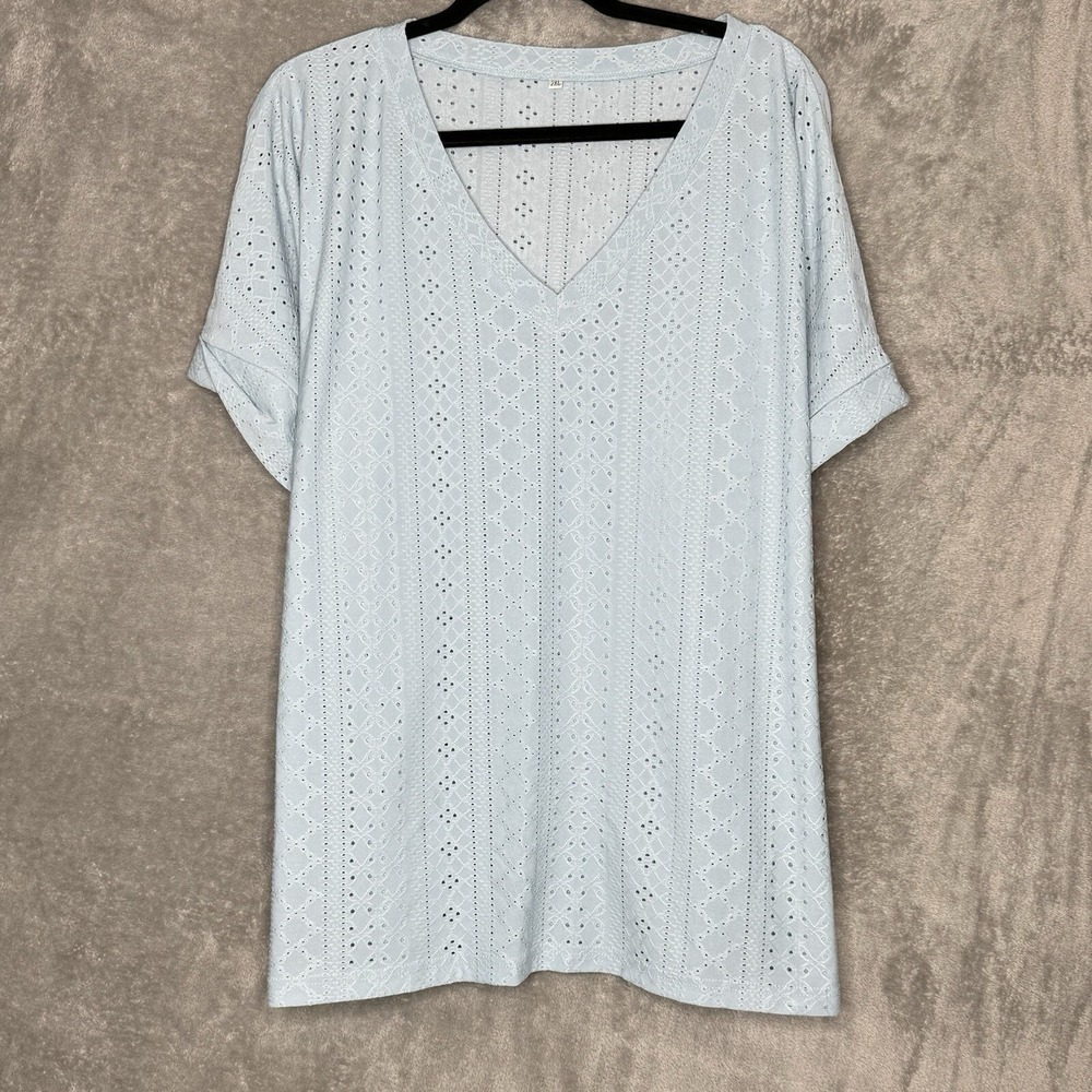 Amazon 2X Top Shirt Blue Solid Striped Eyelet Short Sleeve V Neck Stretch Knit
